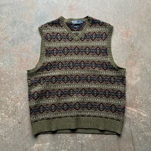 VTG Polo Ralph Lauren Men's V-Neck Fair Isle Knit Sweater Vest XL Green Wool